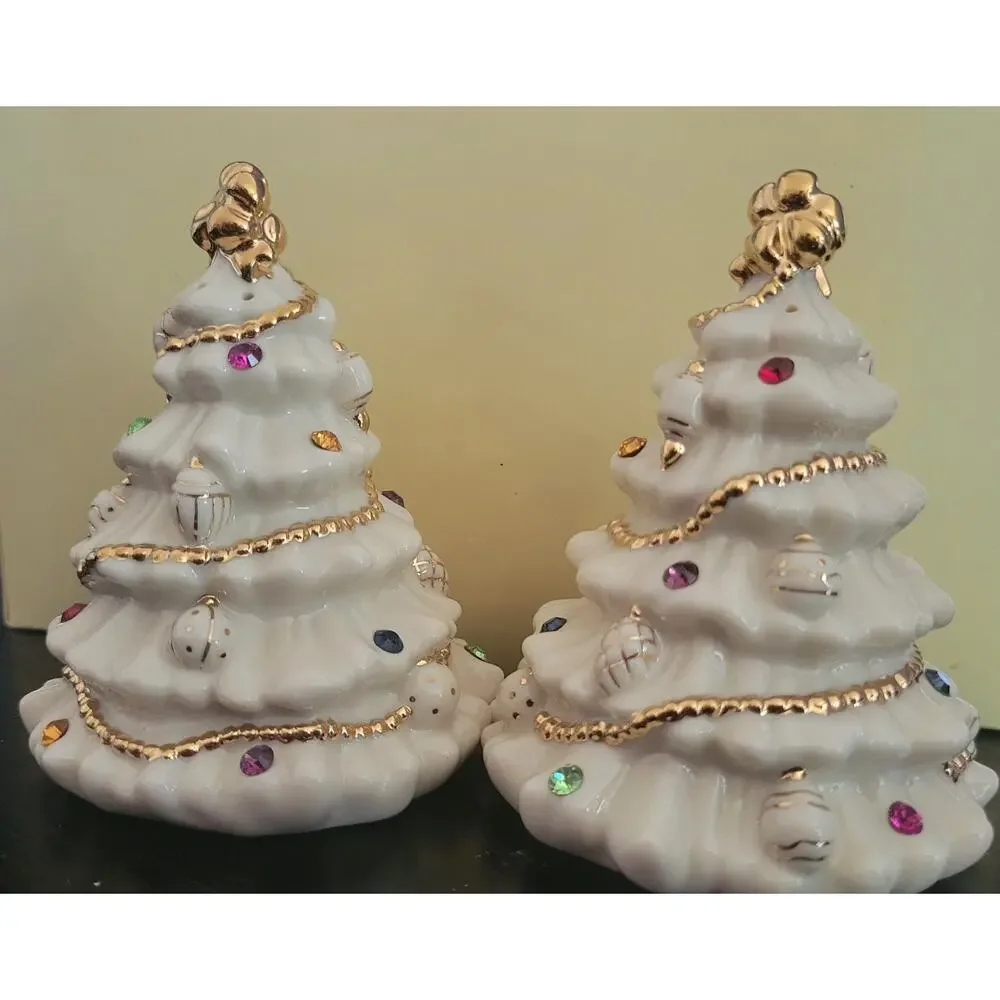 Lenox Jewels of Christmas White Tree Salt & Pepper Shakers Fine Ivory 2001 Vtg